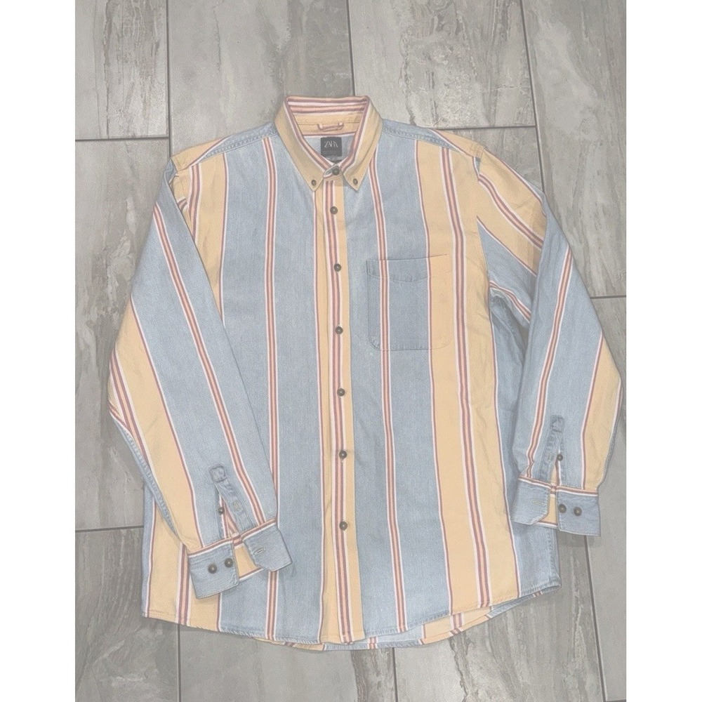 Zara Denim Button Down Shirt XL Relaxed Fit Retro 90s Striped Western Pastel